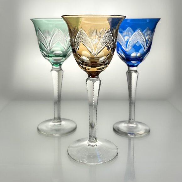 Crystal Wine Glasses | Cut to Clear | Amber, Cobalt, Aquamarine. Mid Century Bar - Picture 4 of 11